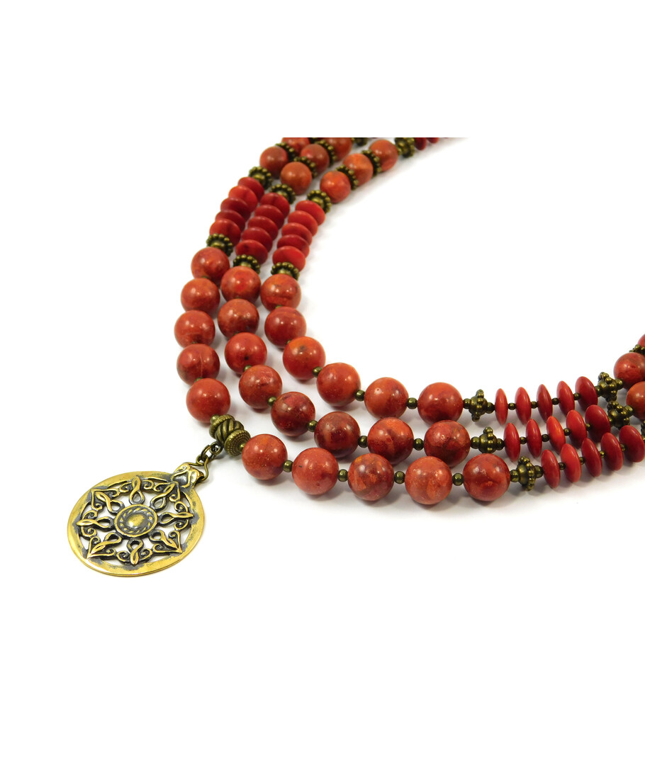 Exclusive necklace "Sarabi" Sponge coral, rondel, 3 rows