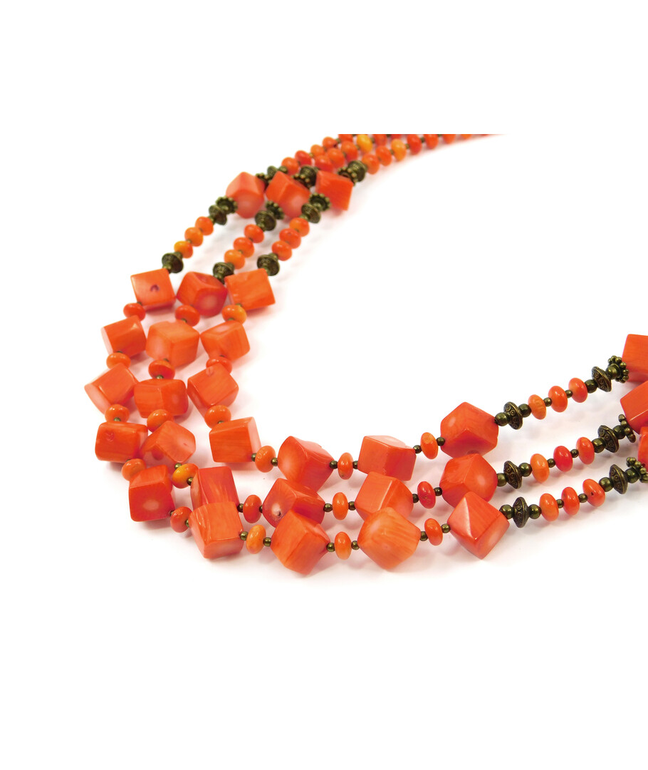 Exclusive necklace "Zosya" Coral, orange cube, rondel, 3 rows