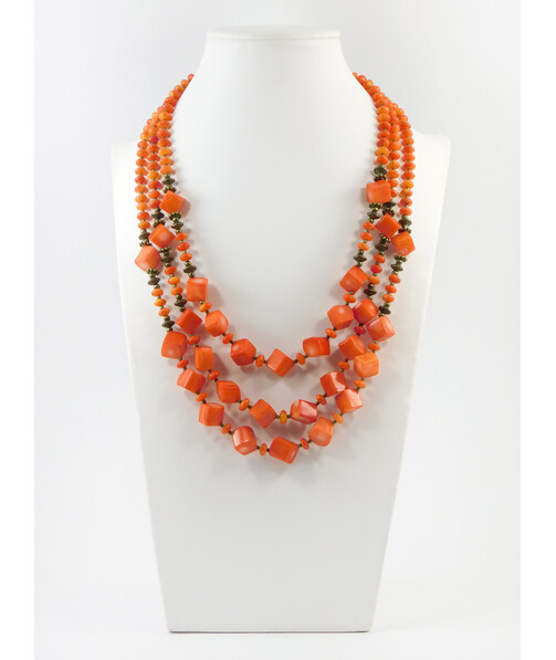 Exclusive necklace "Zosya" Coral, orange cube, rondel, 3 rows