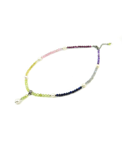 Exclusive necklace "Chakra" Ruby, Zircon, Lapis lazuli, Labrador, Amethyst facet, Pearls