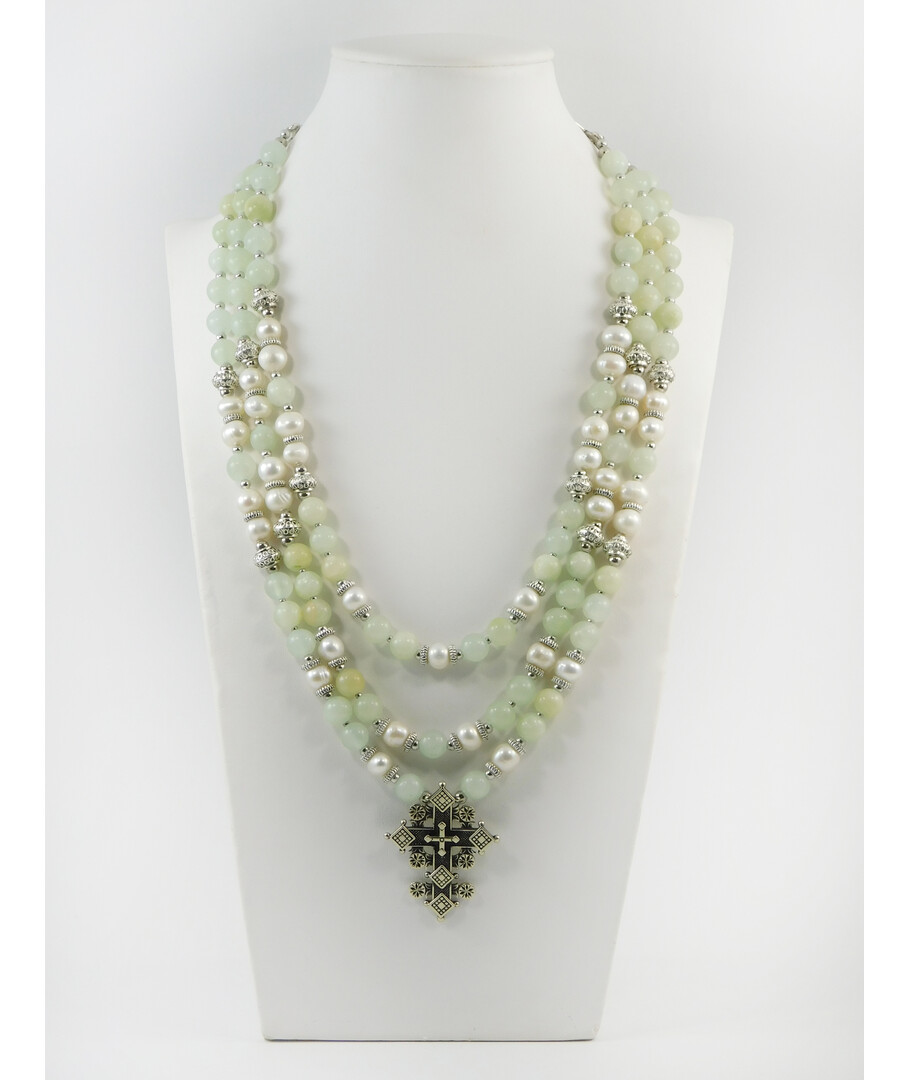 Exclusive necklace "Zvenislava 2" Onyx, Pearls, 3 rows