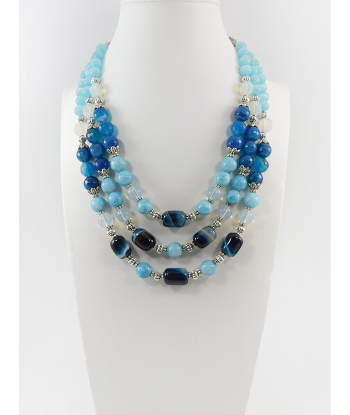 Exclusive necklace "Ocean freshness" Agate facet, Aquamarine, Lunar, Cat's eye, 3 rows