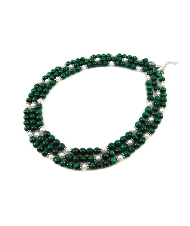 Exclusive necklace "Nymph 2" Malachite sphere, Pearls, 3 rows