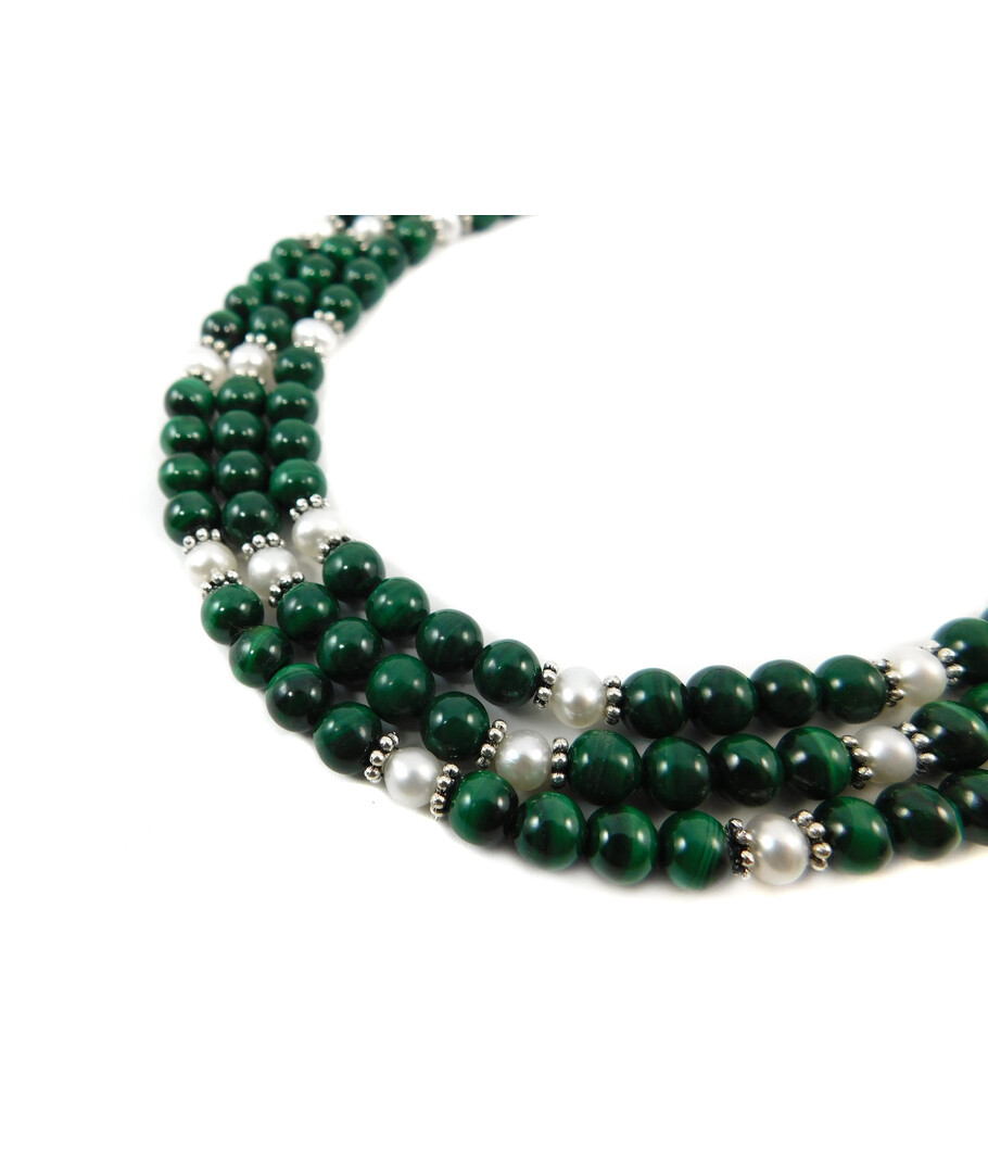 Exclusive necklace "Nymph 2" Malachite sphere, Pearls, 3 rows