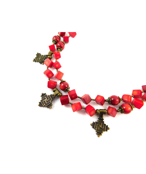 Exclusive necklace "Red Lily" Coral cube, 2-row sphere