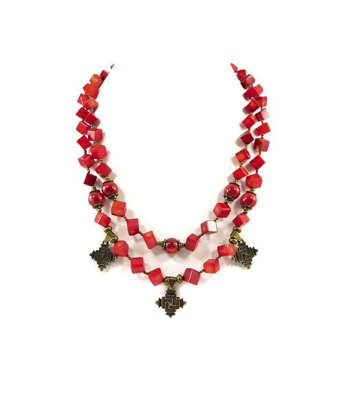 Exclusive necklace "Red Lily" Coral cube, 2-row sphere