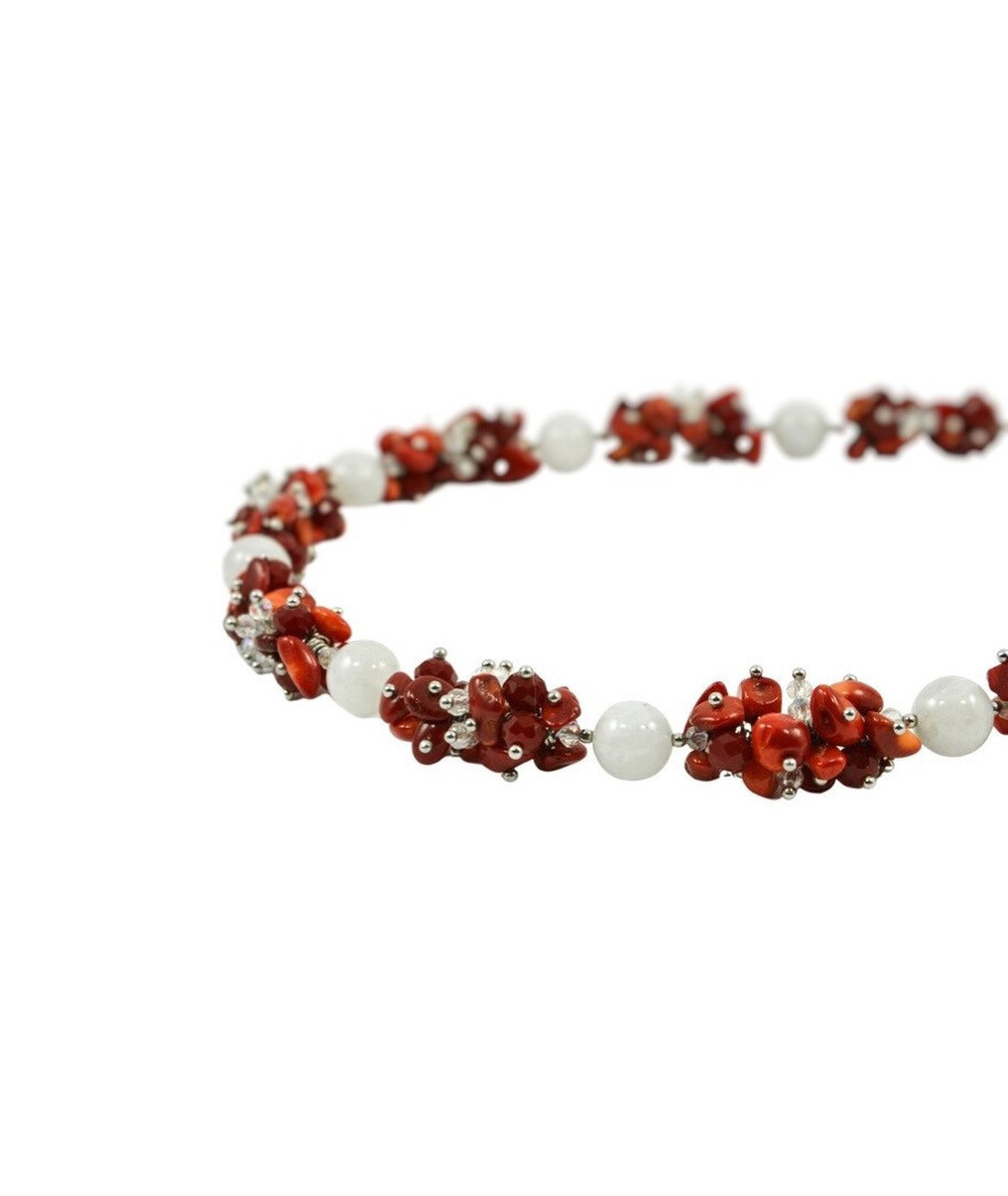 Exclusive necklace "Viburnum under the snow" Adular sphere, small coral