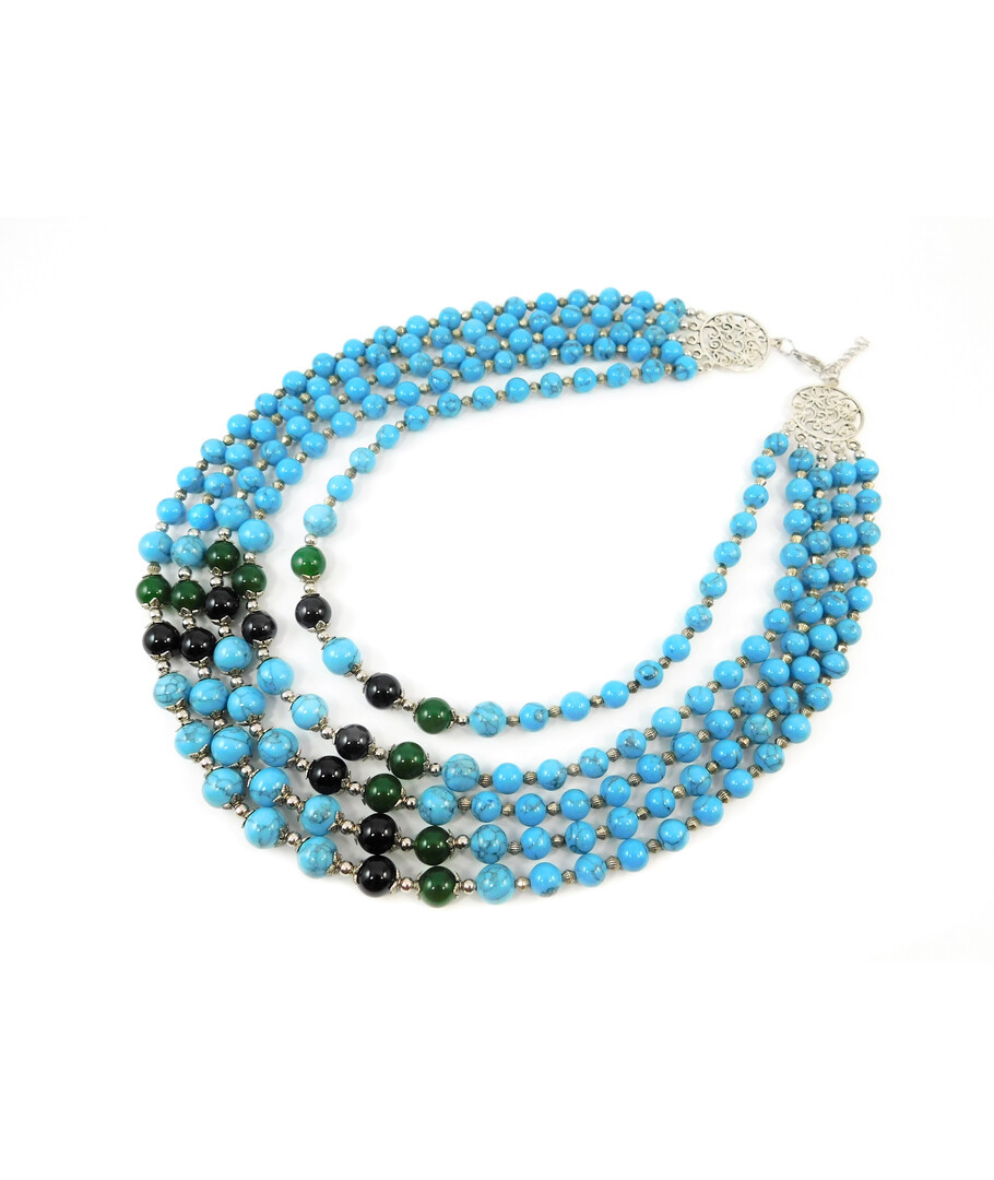 Exclusive necklace "Emma" Turquoise, Agate, Chrysoprase five rows ("Ethnic" Collection)