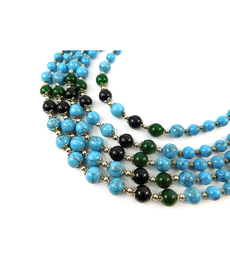 Exclusive necklace "Emma" Turquoise, Agate, Chrysoprase five rows ("Ethnic" Collection)