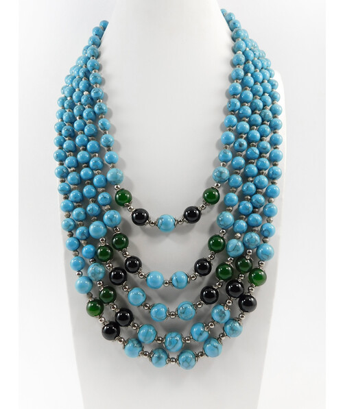 Exclusive necklace "Emma" Turquoise, Agate, Chrysoprase five rows ("Ethnic" Collection)