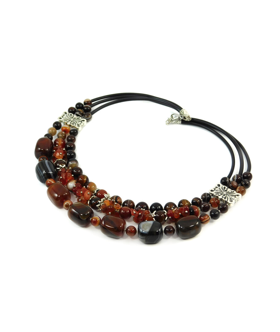 Exclusive necklace "Prima Donna" Barrel agate, Carnelian crumb, 3 rows