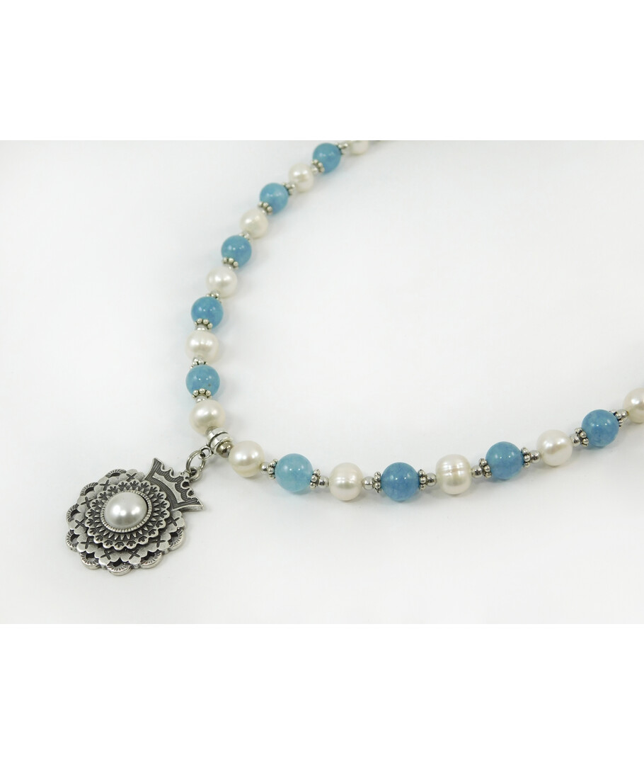 Exclusive necklace "Peacock" Pearls, Aquamarine