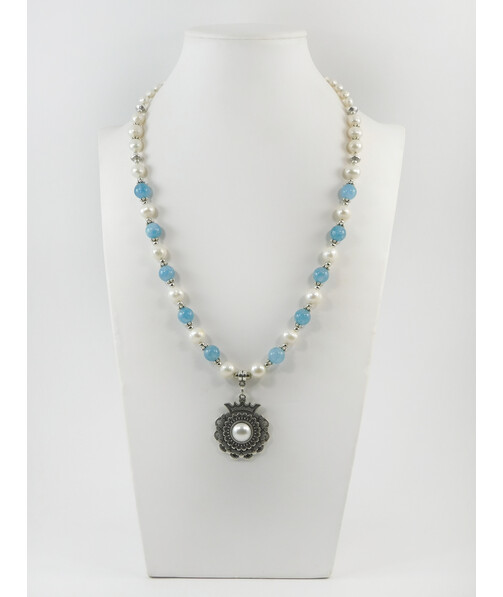 Exclusive necklace "Peacock" Pearls, Aquamarine