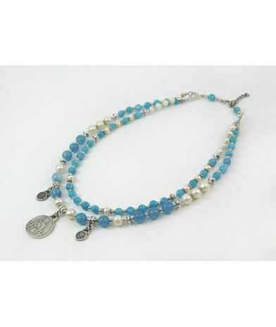 Exclusive necklace "Renata" Pearls, Aquamarine, 2 rows