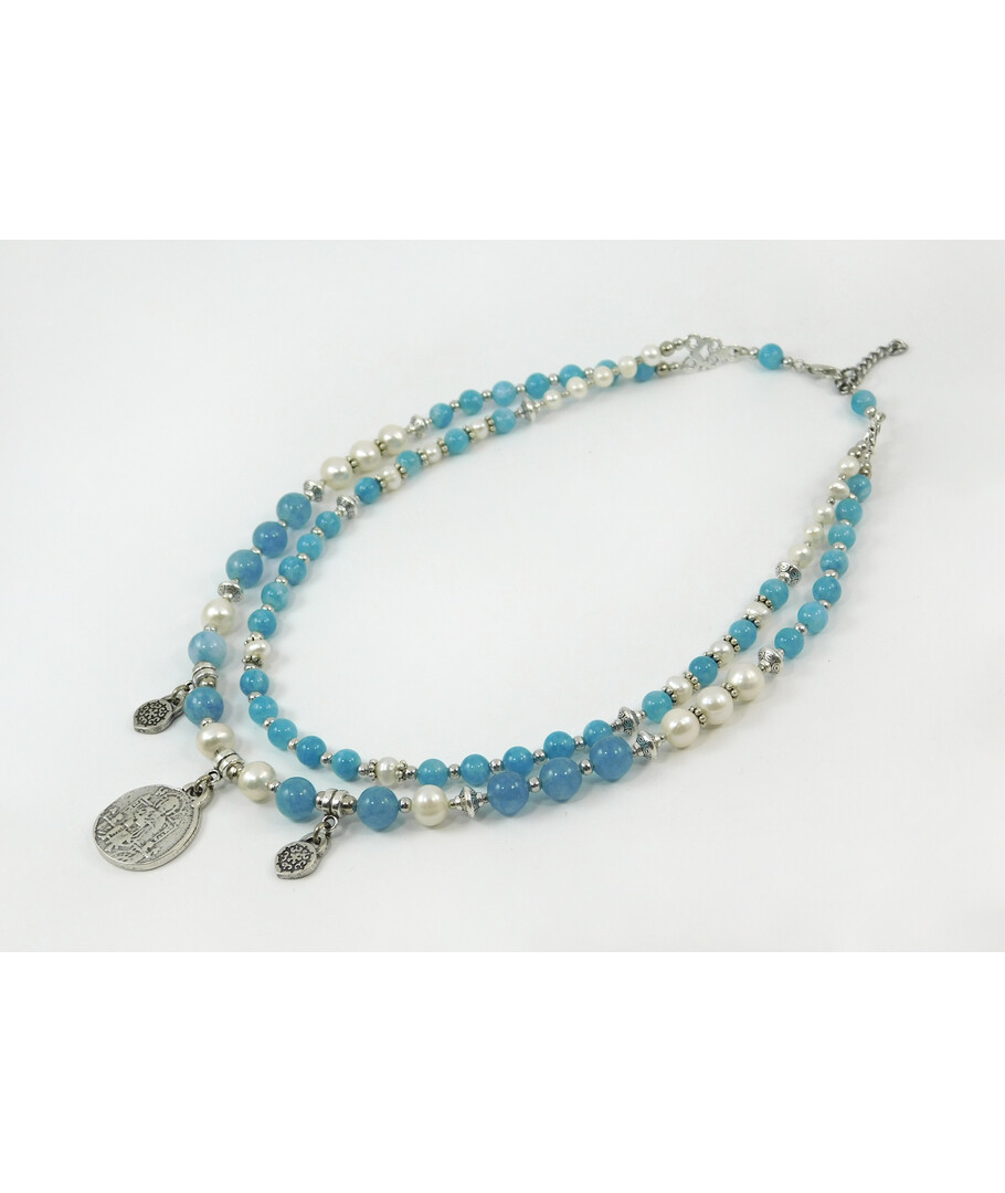 Exclusive necklace "Renata" Pearls, Aquamarine, 2 rows