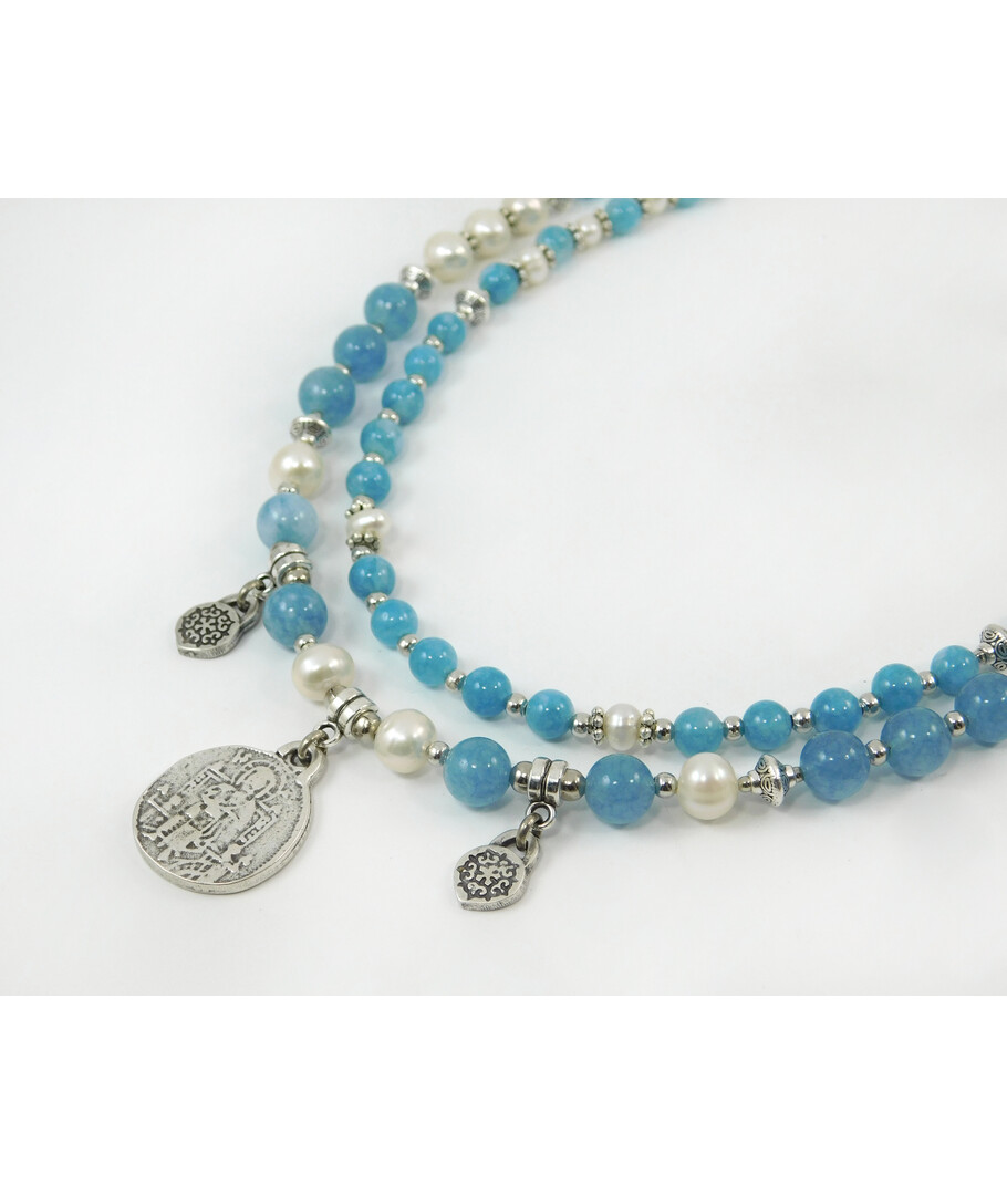 Exclusive necklace "Renata" Pearls, Aquamarine, 2 rows