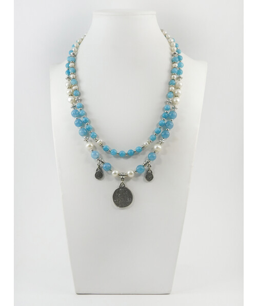 Exclusive necklace "Renata" Pearls, Aquamarine, 2 rows