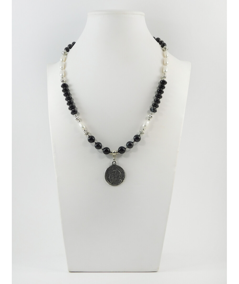 Exclusive necklace "Lottie" Rice pearls, agate, rondel