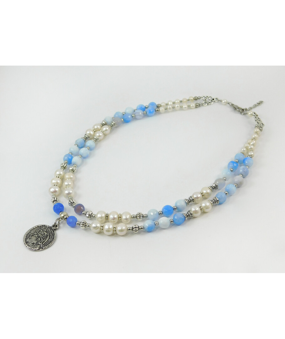 Exclusive necklace "Leka" Agate facet, Pearls, 2 rows