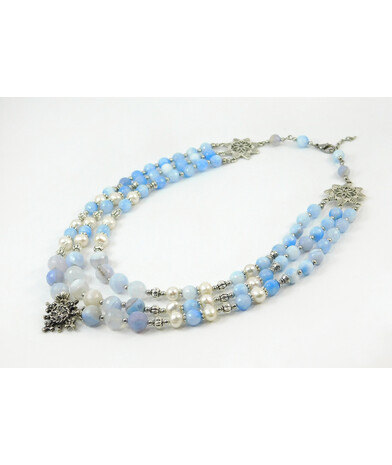 Exclusive necklace "Libid" Agate facet, Pearls, 3 rows