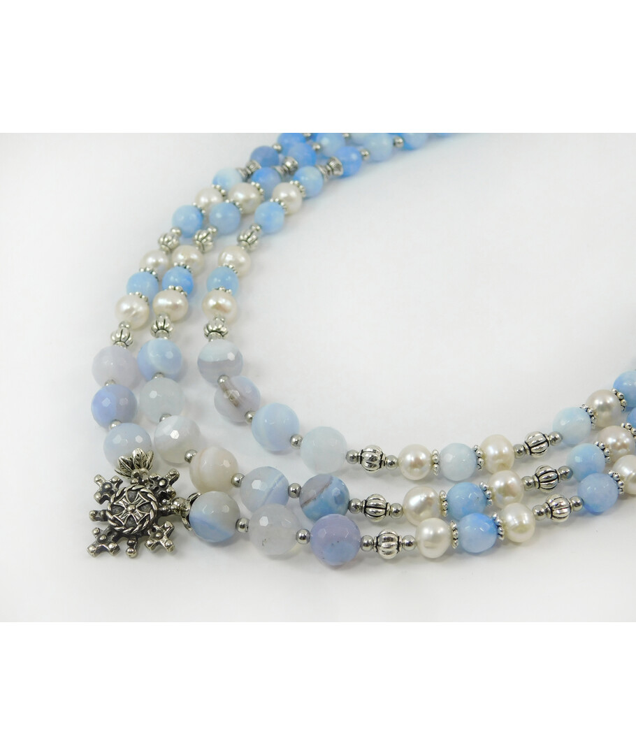 Exclusive necklace "Libid" Agate facet, Pearls, 3 rows