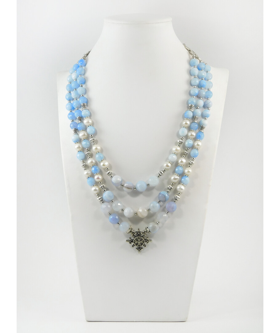 Exclusive necklace "Libid" Agate facet, Pearls, 3 rows