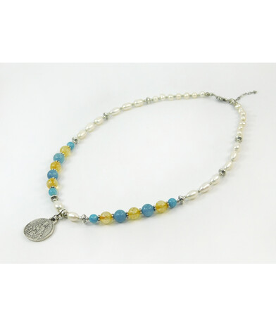 Exclusive necklace "Ustina" Pearls, rice, Aquamarine, Citrine