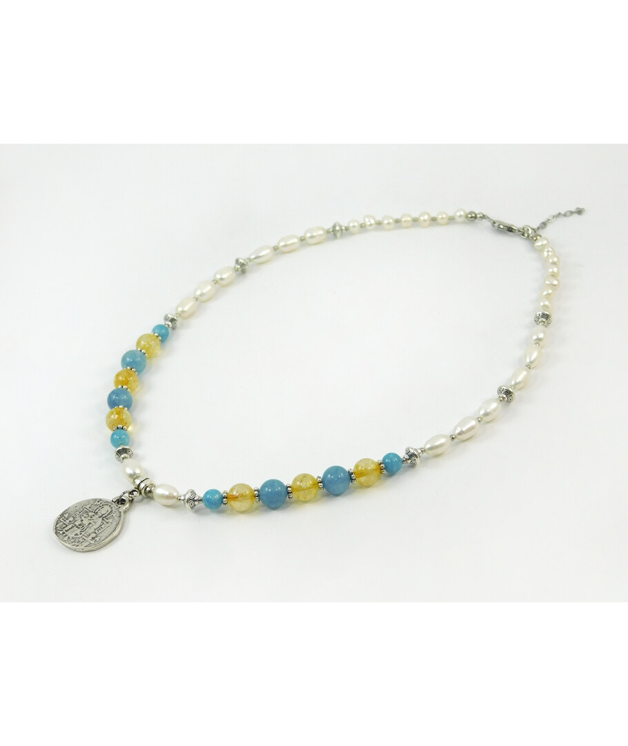 Exclusive necklace "Ustina" Pearls, rice, Aquamarine, Citrine