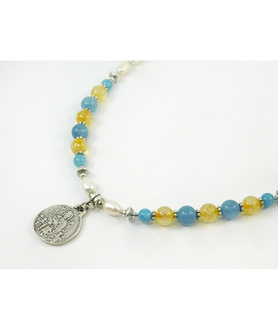 Exclusive necklace "Ustina" Pearls, rice, Aquamarine, Citrine