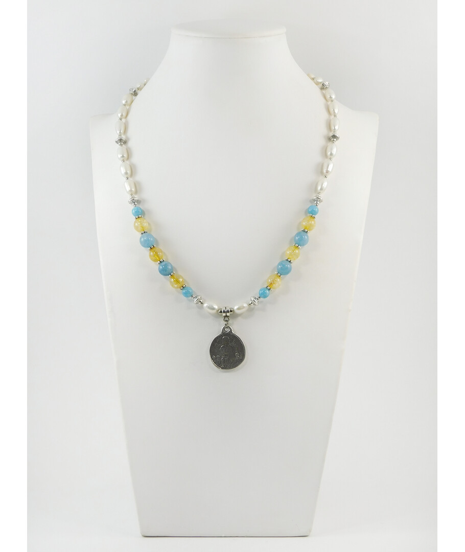 Exclusive necklace "Ustina" Pearls, rice, Aquamarine, Citrine