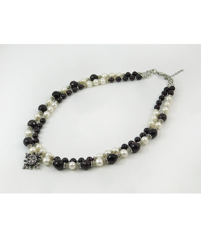 Exclusive necklace "Twinkle" Pearls, Garnet faces, 2 rows