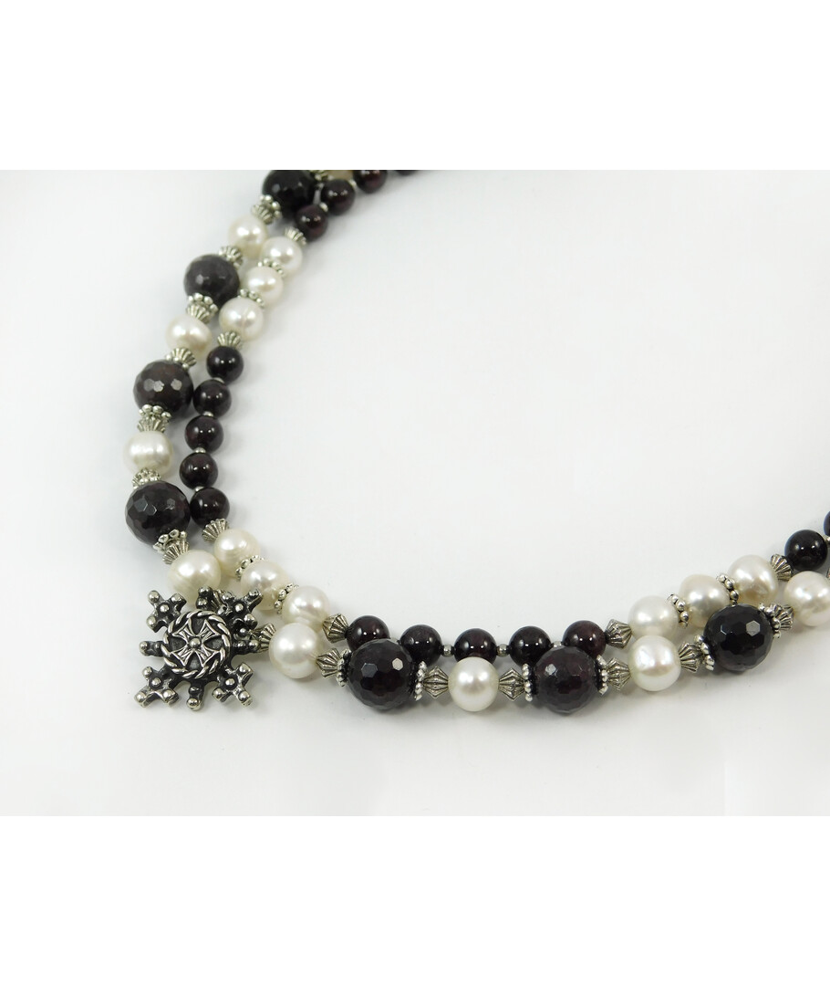 Exclusive necklace "Twinkle" Pearls, Garnet faces, 2 rows