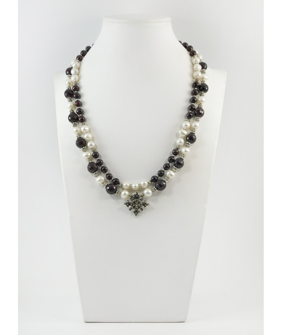 Exclusive necklace "Twinkle" Pearls, Garnet faces, 2 rows