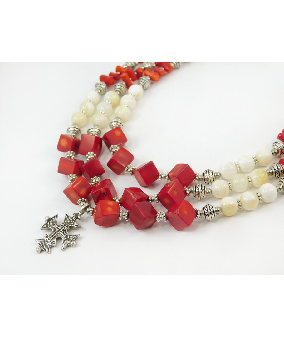 Exclusive necklace "Yovilla" Mother of pearl, Coral cube, twigs, 3 rows