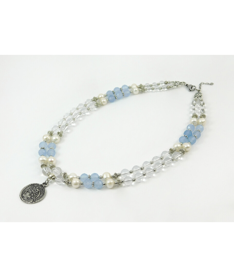 Exclusive necklace "Ariel" Pearls, Quartz facet, Rock crystal, 2 rows