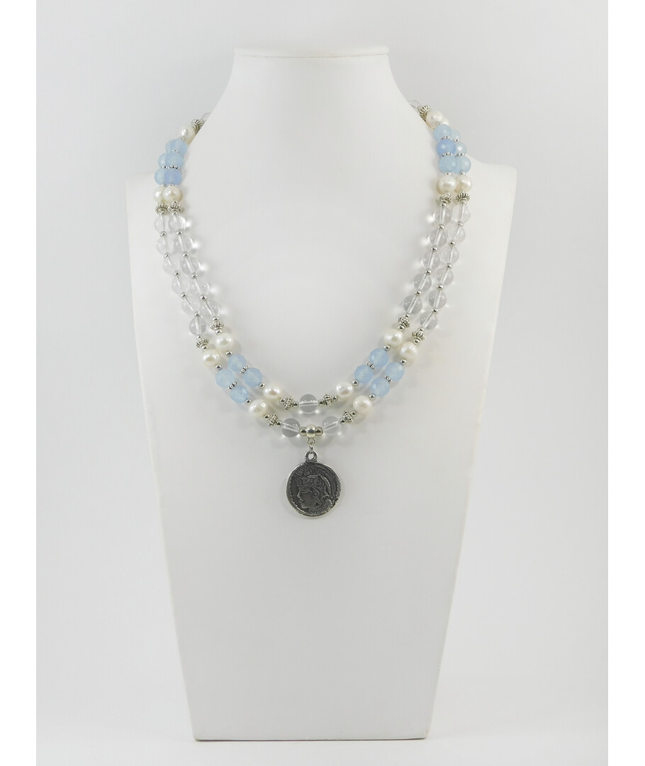 Exclusive necklace "Ariel" Pearls, Quartz facet, Rock crystal, 2 rows