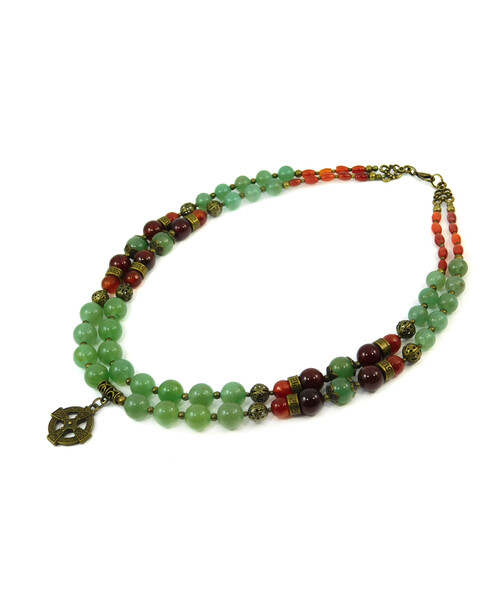 Exclusive necklace "Autumn garden" Jade, carnelian, facet, 2 rows