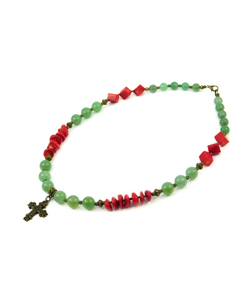 Exclusive necklace "Forest viburnum" Jade, Coral cube, chevron