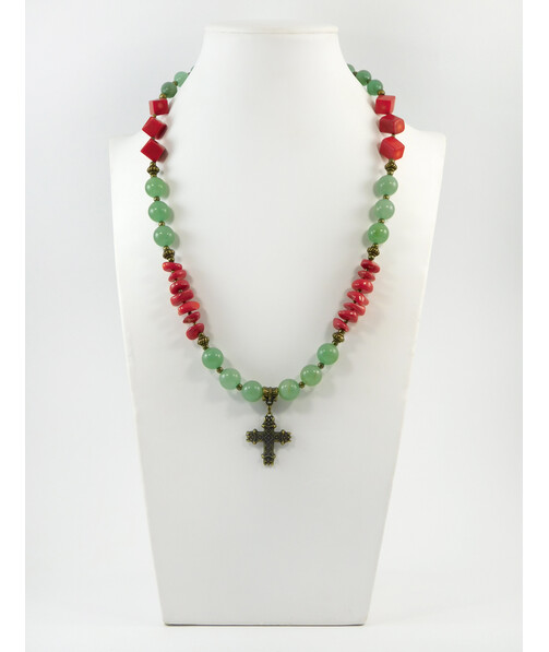 Exclusive necklace "Forest viburnum" Jade, Coral cube, chevron