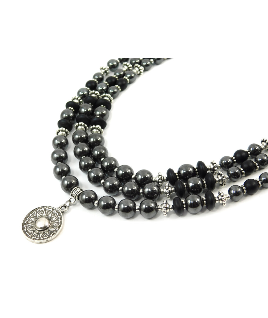 Exclusive necklace "Clarissa" Hematite, Shungite, rondel, 3 rows