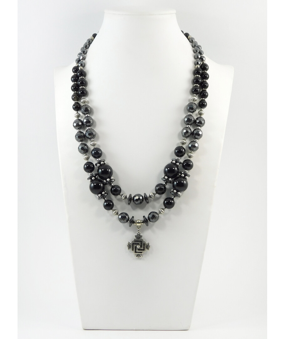 Exclusive necklace "Baryta" Hematite facet, rondel, Agate, 2 rows