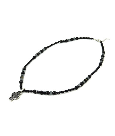 Men's necklace Obsidian, Hematite cube