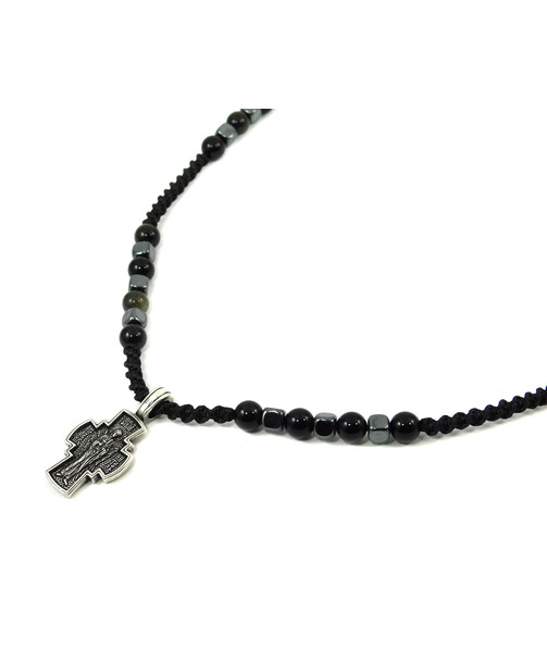 Men's necklace Obsidian, Hematite cube