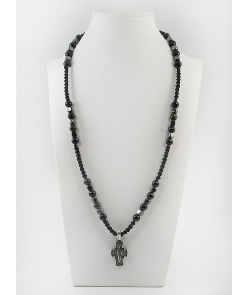 Men's necklace Obsidian, Hematite cube