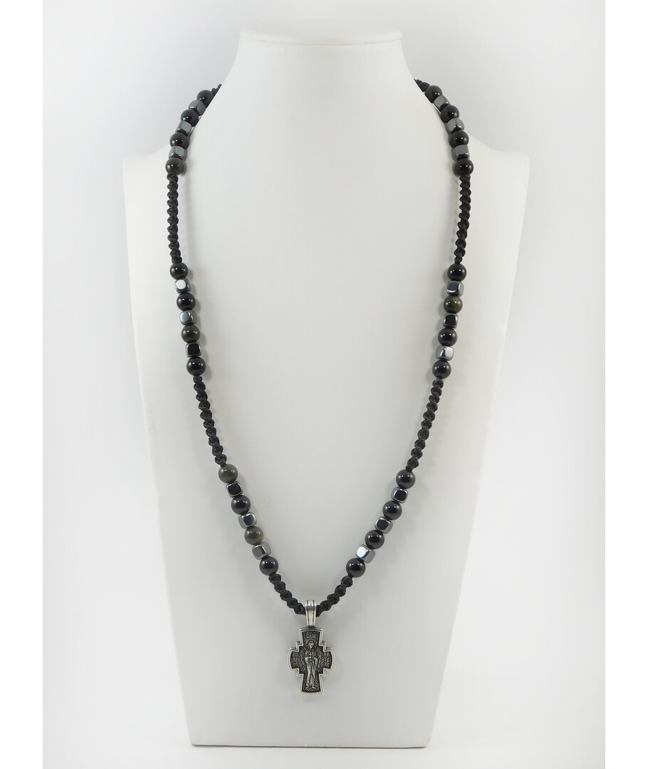 Men's necklace Obsidian, Hematite cube