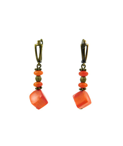 Coral orange cube earrings, rondel