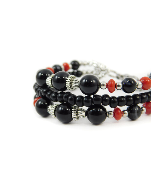 Exclusive bracelet "Tripillia" Agate, Coral, rondel, 3 rows