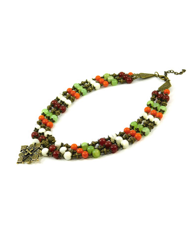 Exclusive necklace "Hutsul Motifs" Coral, Onyx, Carnelian, Mother of Pearl, 3 rows