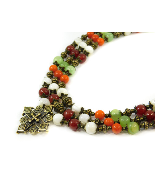 Exclusive necklace "Hutsul Motifs" Coral, Onyx, Carnelian, Mother of Pearl, 3 rows