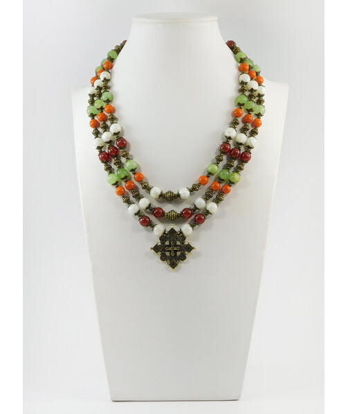 Exclusive necklace "Hutsul Motifs" Coral, Onyx, Carnelian, Mother of Pearl, 3 rows